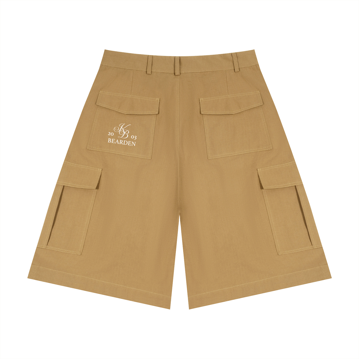 Odmpod cotton cargo shorts with multiple pockets, beige color, and relaxed fit, displayed on a hanger.
