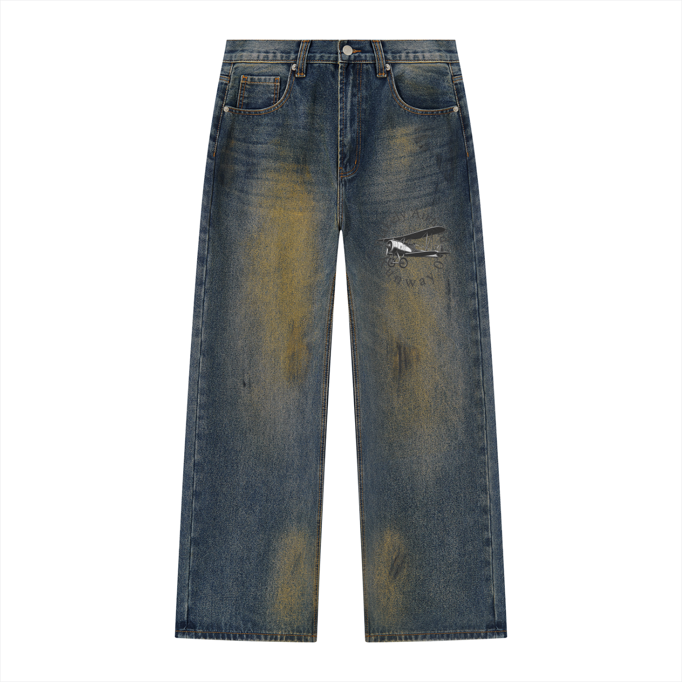 ODMPOD Mud Wash Wide Airfield Jeans showing distressed denim with a relaxed fit and wide-leg silhouette.