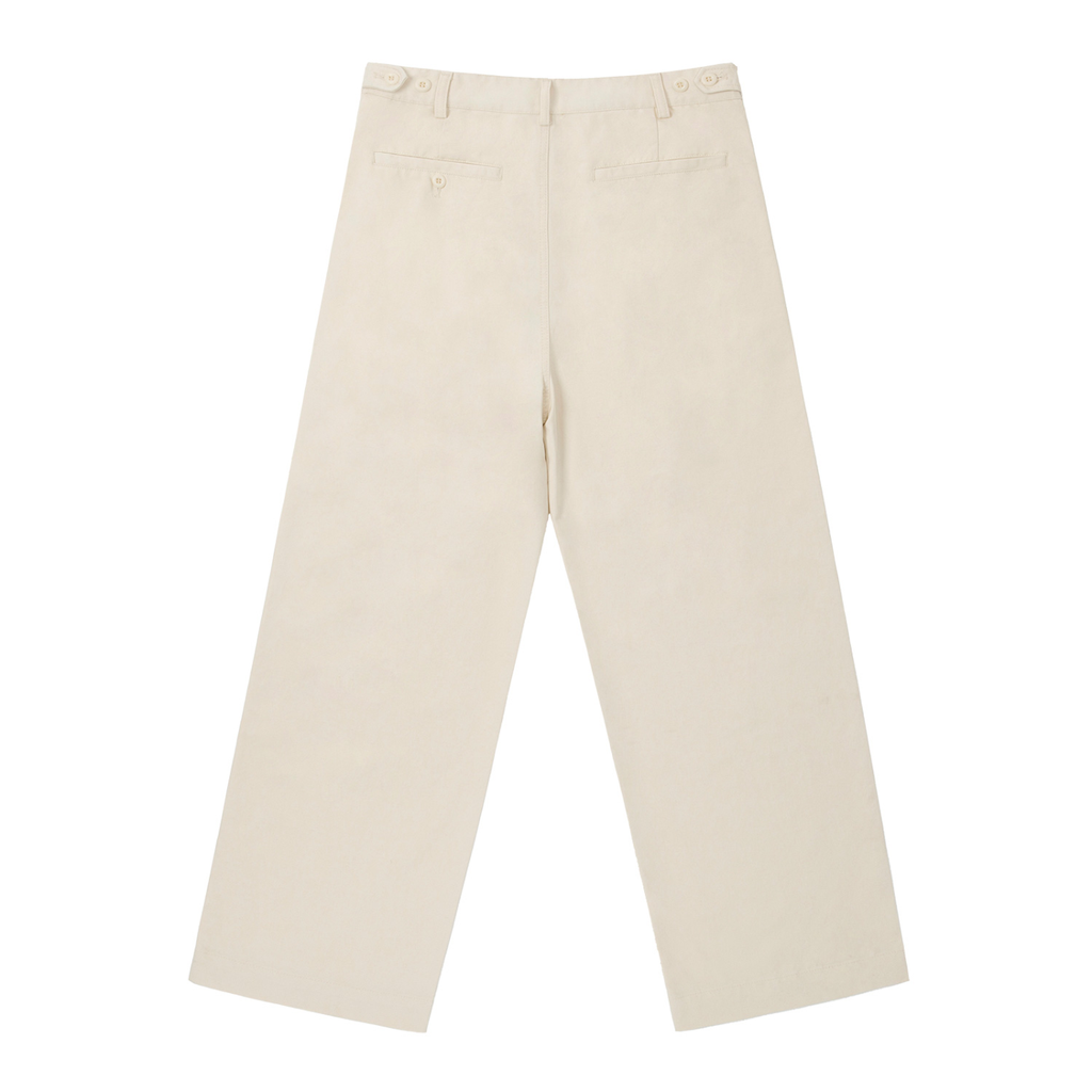 ODMPOD adjustable waist straight-leg pants shown on a mannequin, featuring a classic fit and neutral color.