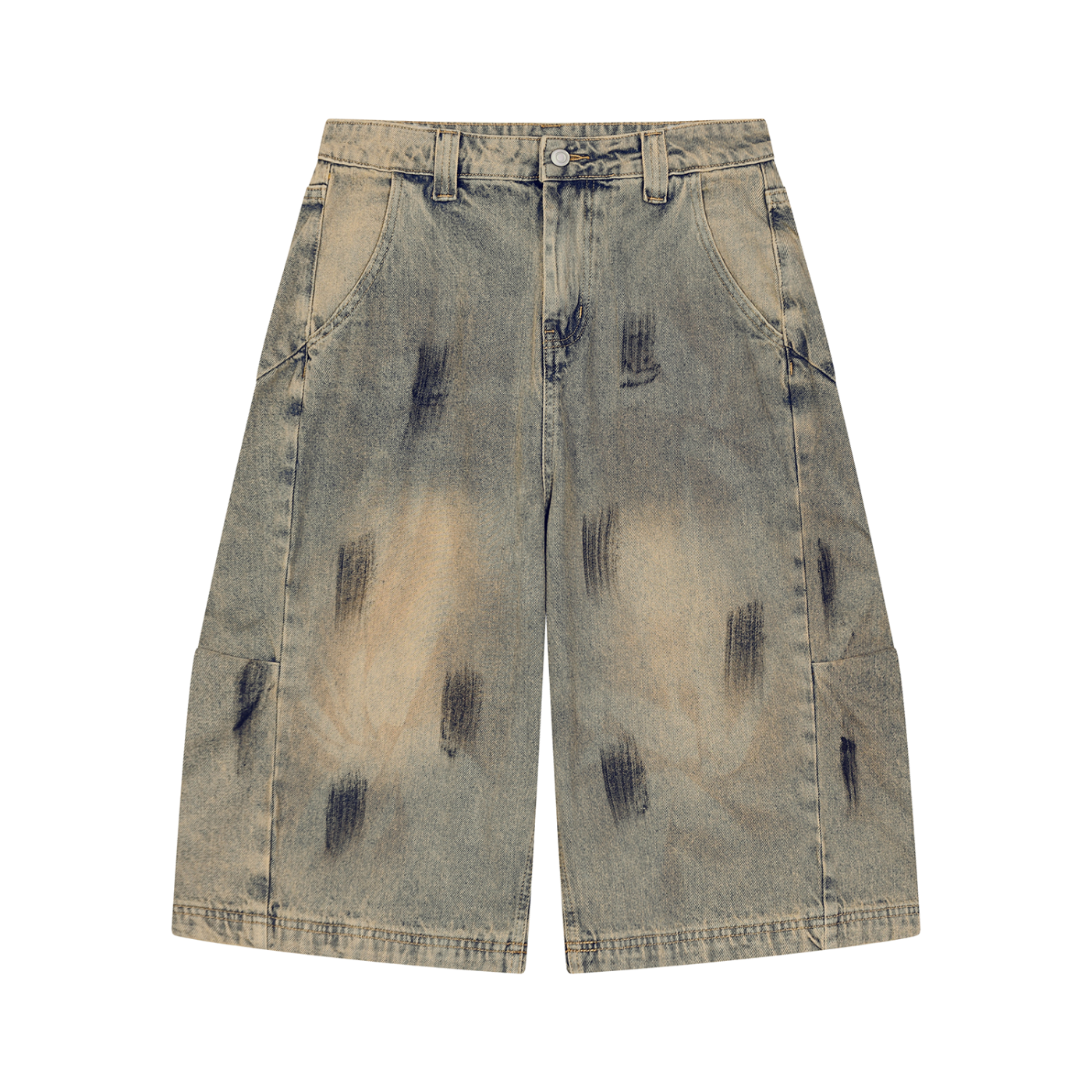 ODMPOD bleach splatter denim shorts with distressed details and frayed hem, showcasing a trendy casual summer look.