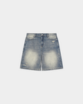Faded baggy denim shorts by Kaleb A. Bearden with a relaxed fit and distressed details, shown on a mannequin.