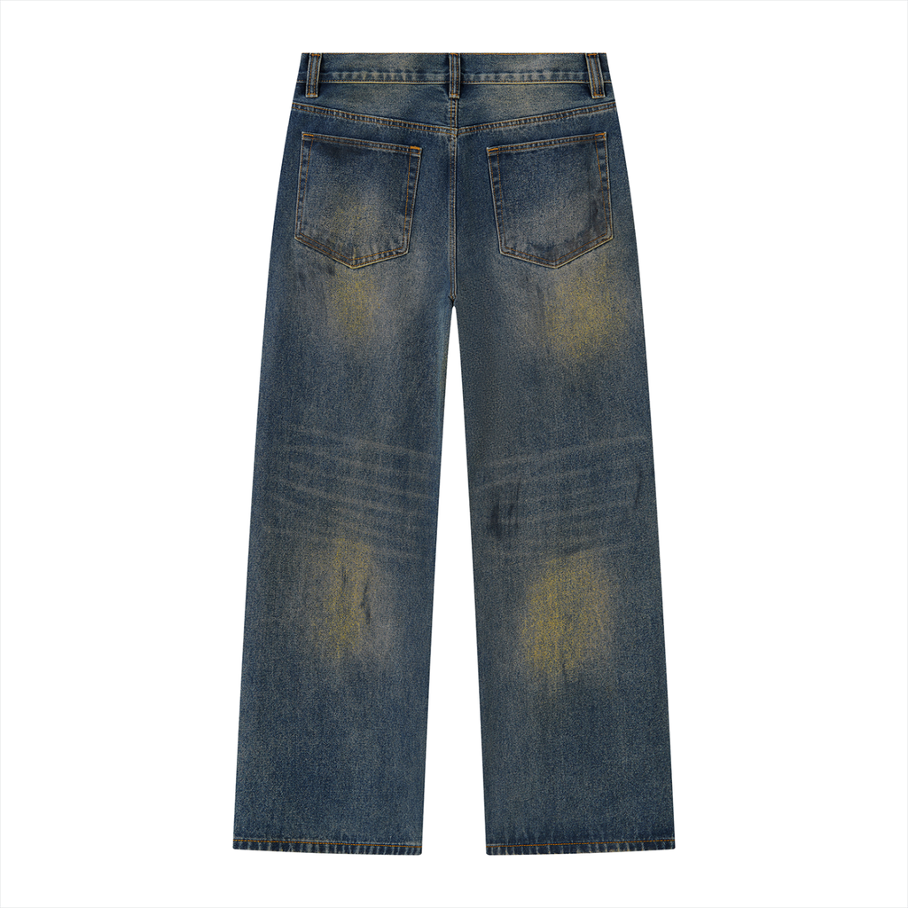 ODMPOD Mud Wash Wide Airfield Jeans showing relaxed fit, light blue denim with a wide leg design and classic five-pocket style.
