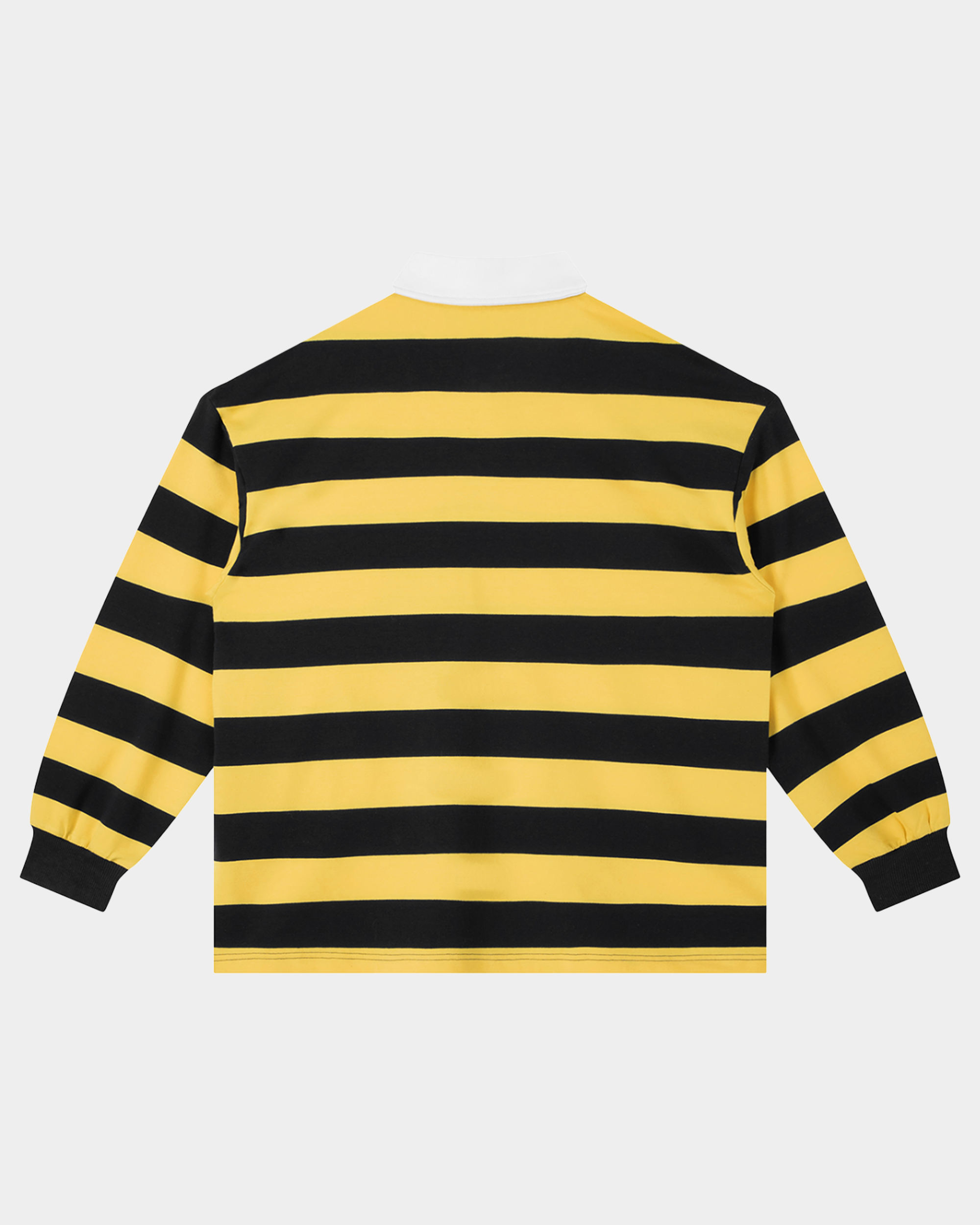 Cotton rugby shirt with red and white stripes by Kaleb A. Bearden, featuring a classic collar and long sleeves.