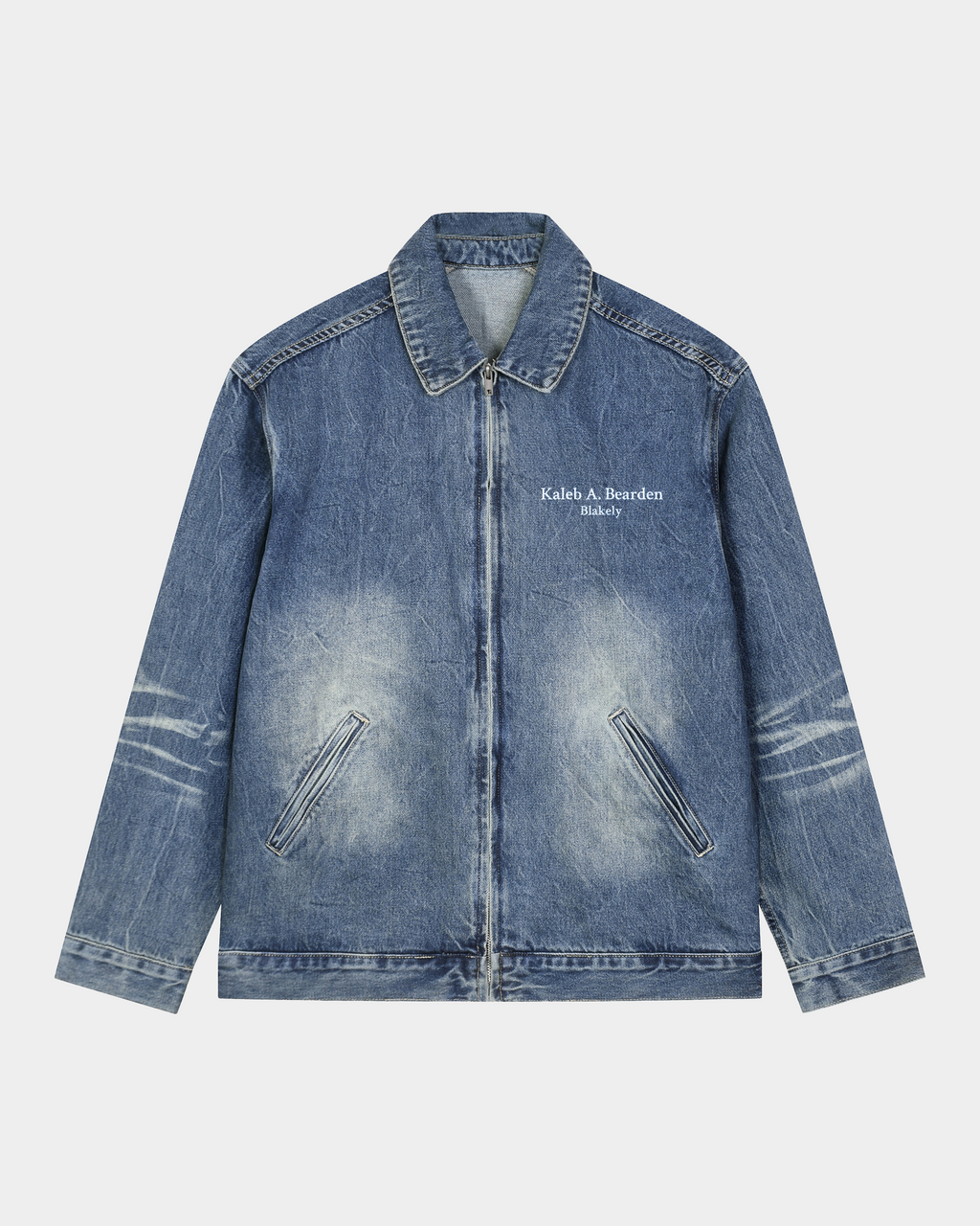 Washed denim jacket by Kaleb A. Bearden, featuring a classic fit, light blue wash, and button-front design.