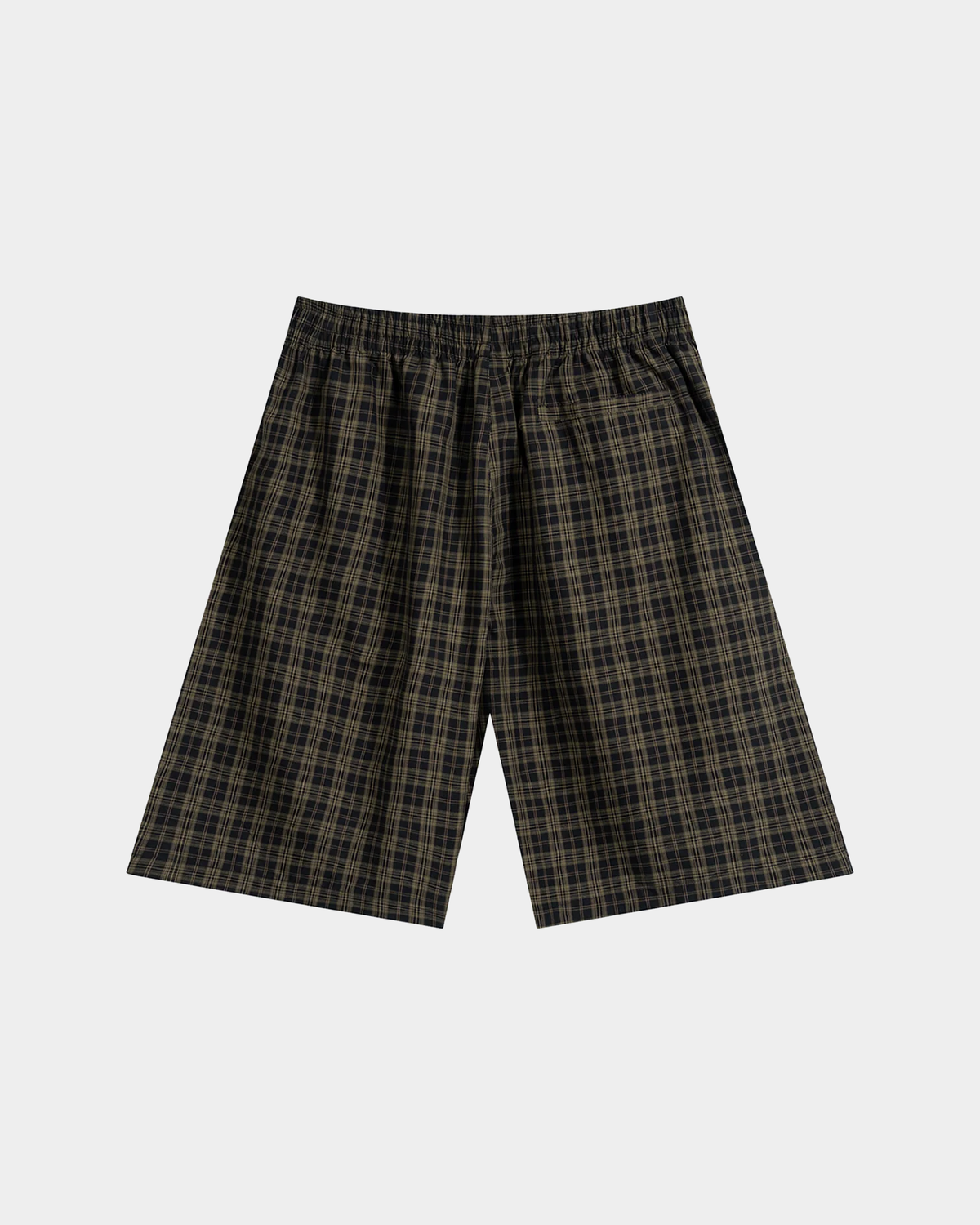 Olive plaid shorts by ODMPOD featuring a casual fit, front pockets, and a stylish plaid pattern, perfect for summer wear.