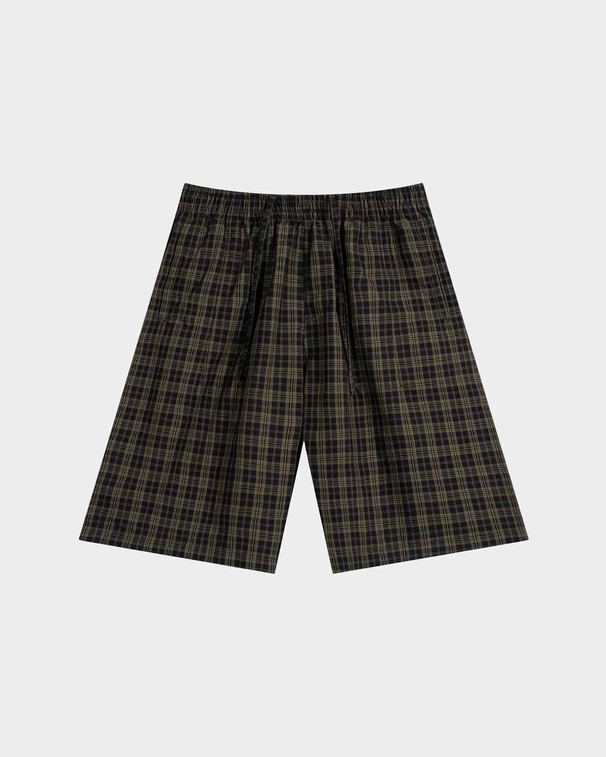Olive plaid shorts by ODMPOD featuring a casual fit, front pockets, and a stylish plaid pattern for everyday wear.