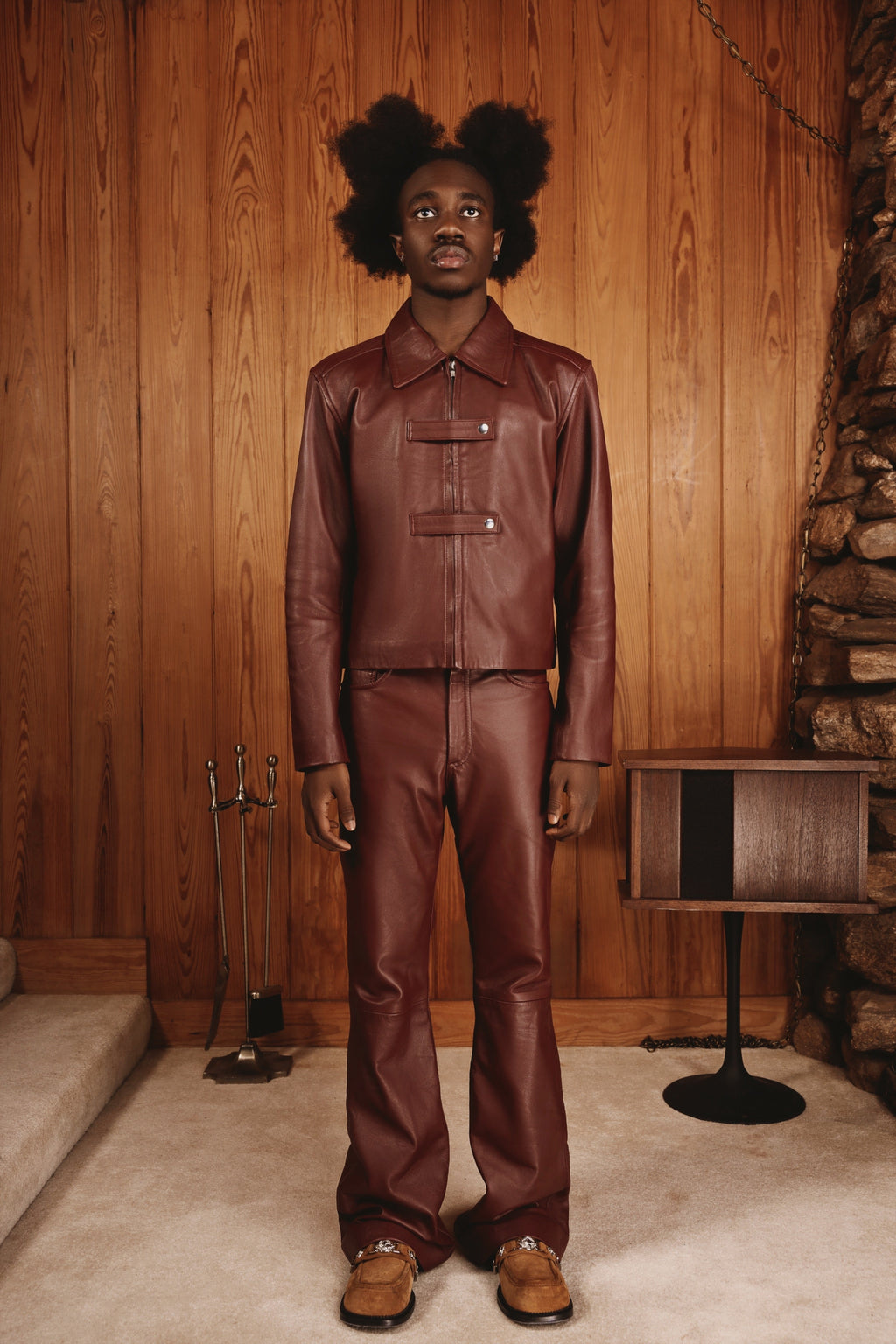 Maroon strapped jacket by Kaleb A. Bearden, featuring a stylish design with adjustable straps and a modern fit.