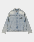 Vintage denim racing jacket by Kaleb A. Bearden, featuring classic design with racing-inspired details and a worn-in denim look.