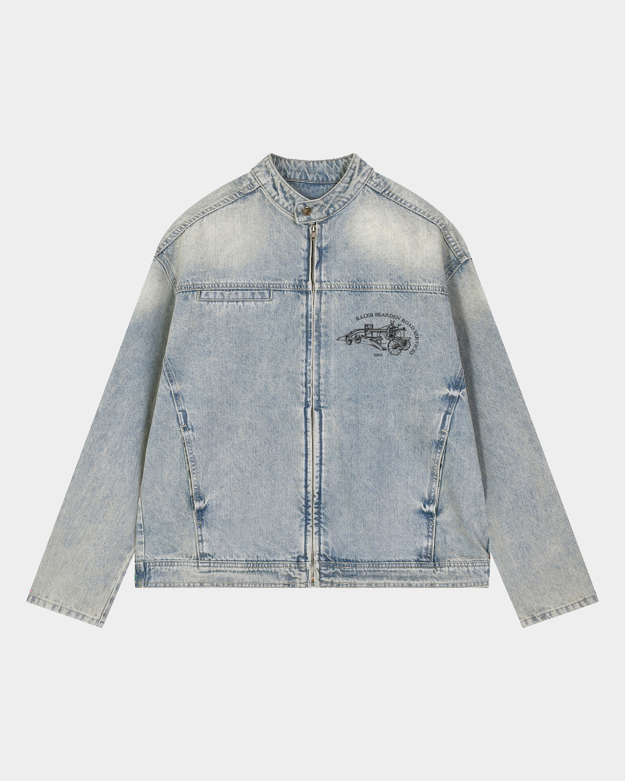 Vintage denim racing jacket by Kaleb A. Bearden, featuring classic design with racing-inspired details and a worn-in denim look.