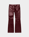 Maroon leather strapped pants by Kaleb A. Bearden featuring a stylish design and multiple strap details.