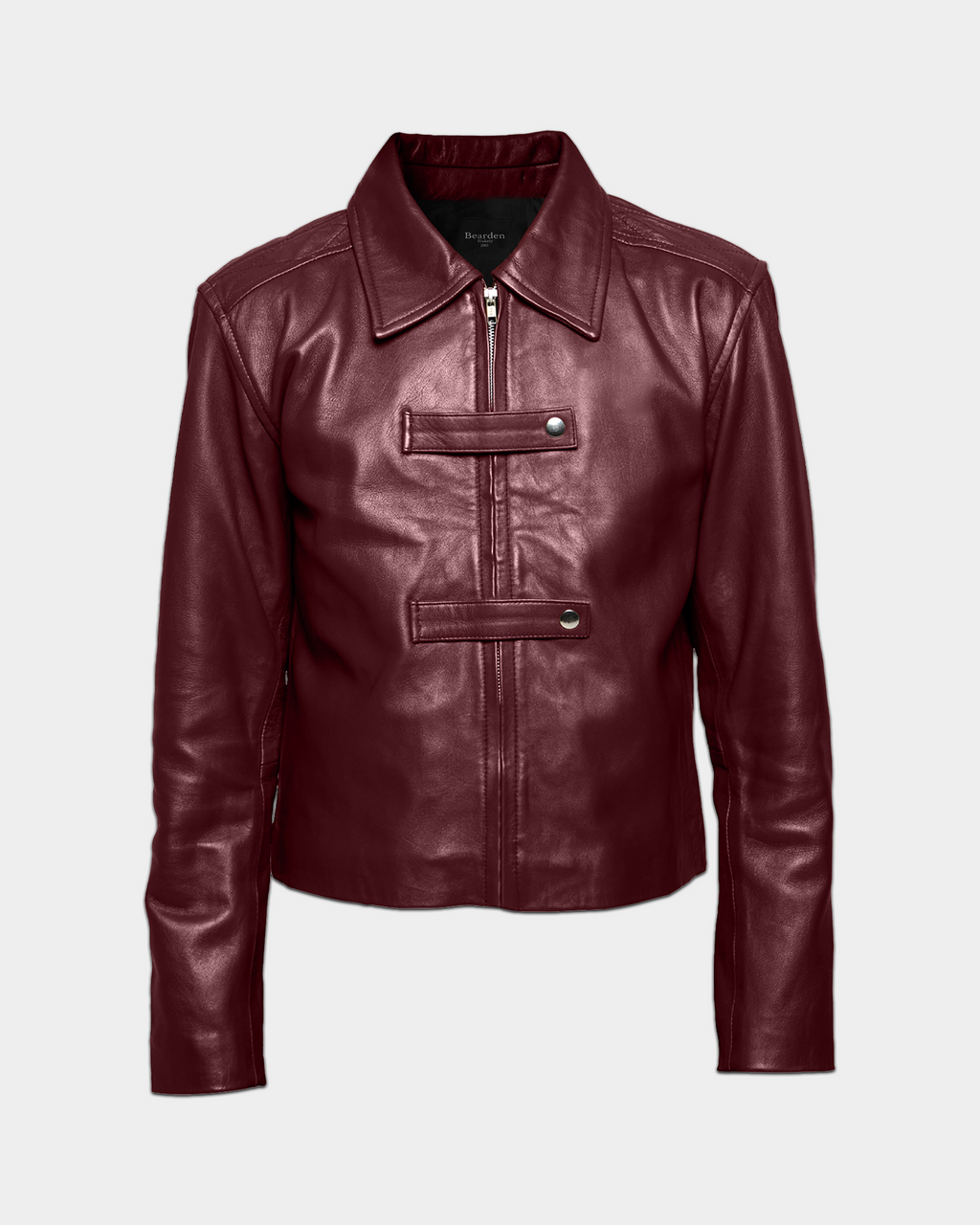 Maroon leather strapped jacket by Kaleb A. Bearden, featuring a stylish design with multiple straps and a sleek fit.