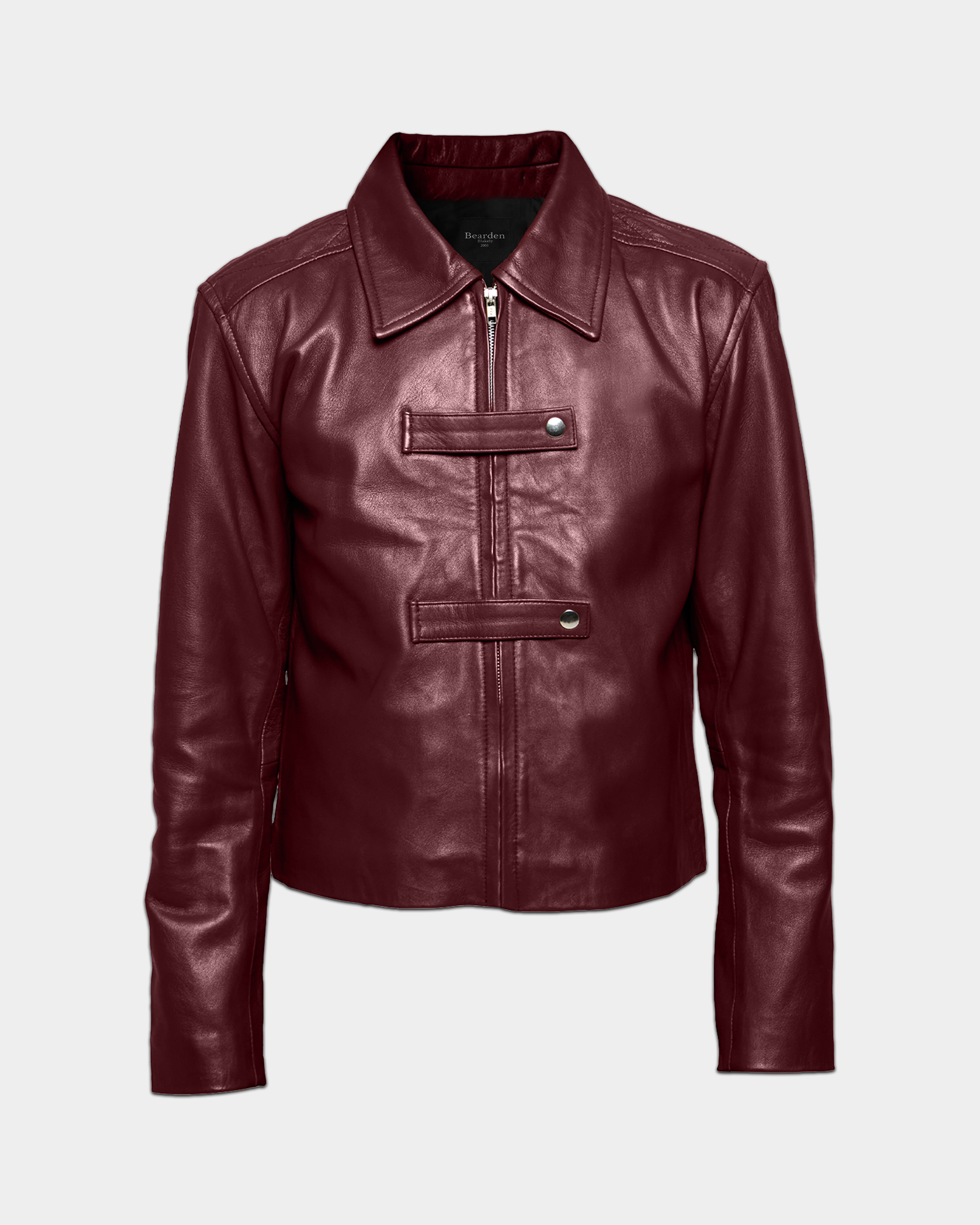 Maroon leather strapped jacket by Kaleb A. Bearden, featuring a stylish design with multiple straps and a sleek fit.