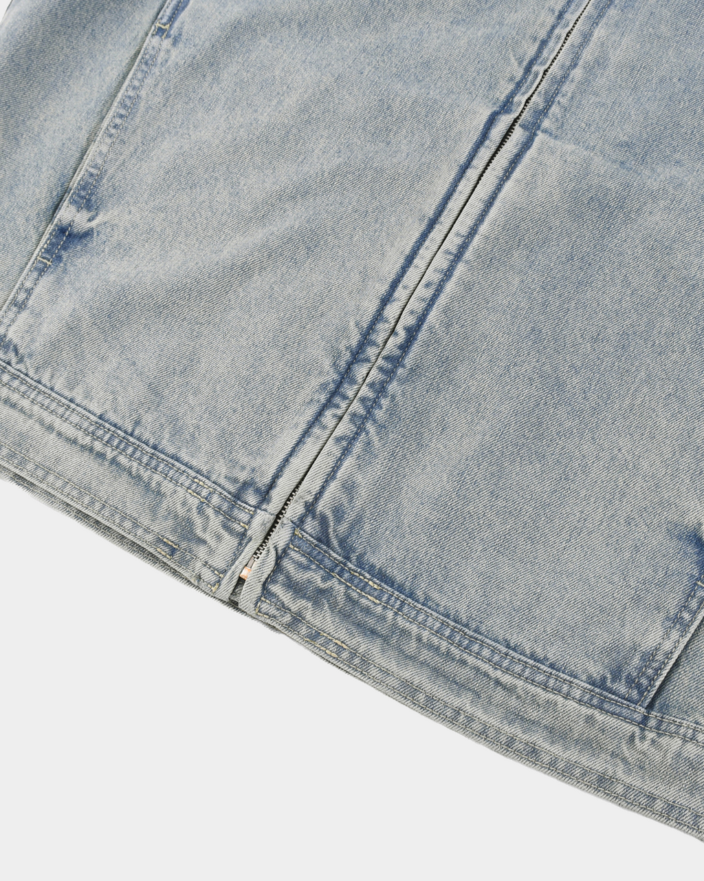 Vintage denim racing jacket by Kaleb A. Bearden featuring classic design, front zipper, and retro-inspired style.