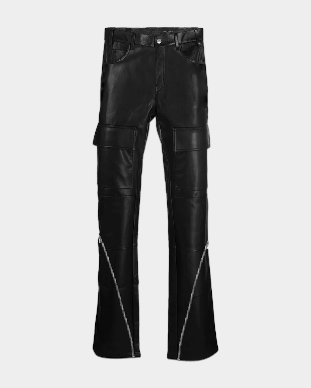 Kaleb A. Bearden zipped leather cargo pants with signature details, showcasing the stylish design and functional zip pockets.
