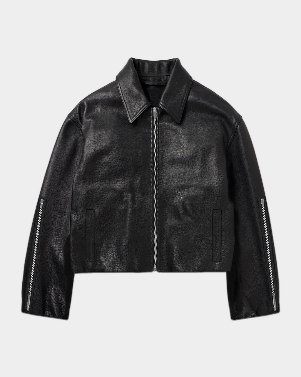 Kaleb A. Bearden zipped leather jacket with signature designs, black leather, and front zipper closure, stylish and modern.