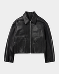 Kaleb A. Bearden zipped leather jacket with signature designs, black leather, and front zipper closure, stylish and modern.