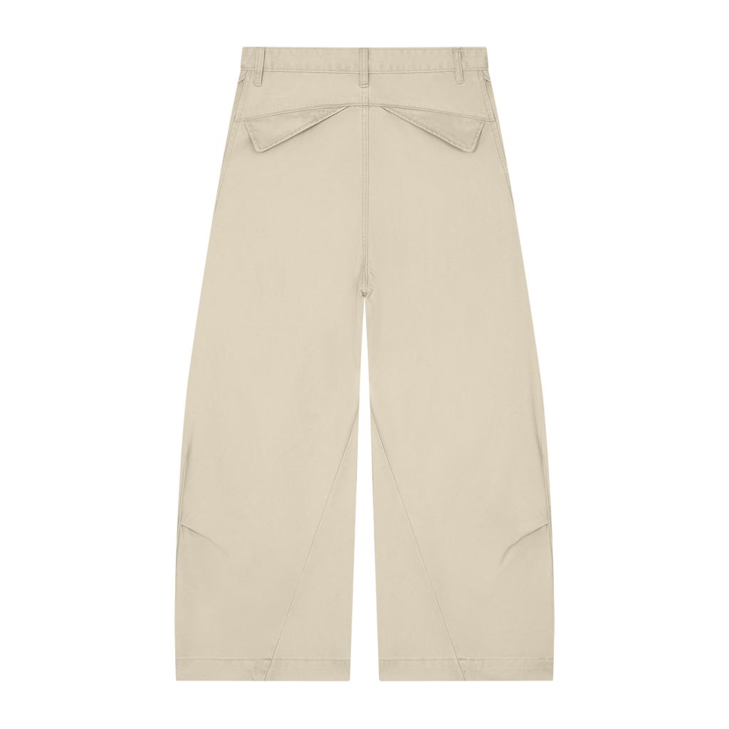 ODMPOD barrel leg trousers showing a relaxed fit with a tapered design, featuring a stylish, modern silhouette.