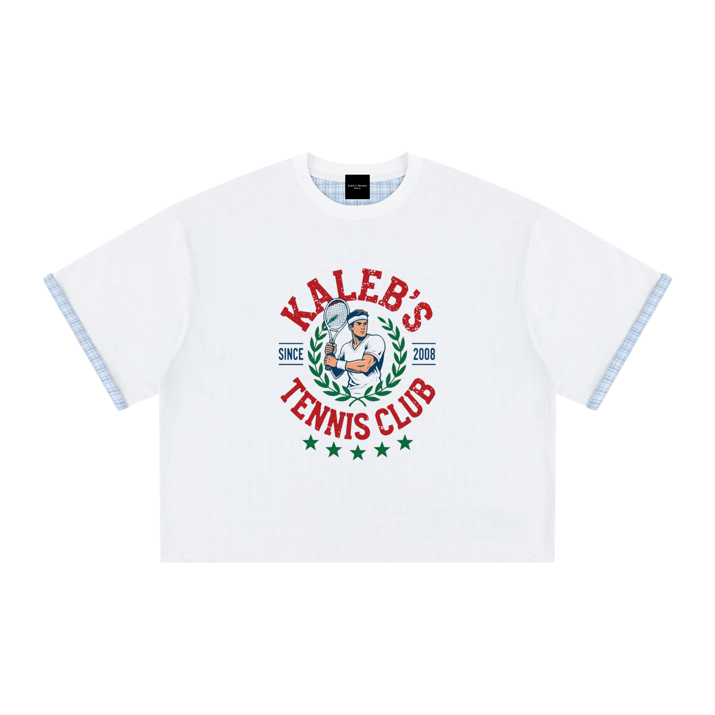 Kaleb's Tennis Club graphic T-shirt by ODMPOD featuring a tennis-themed design and casual fit.