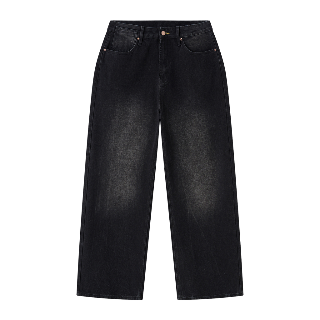 Faded black wide leg jeans by ODMPOD displayed on a hanger, showcasing relaxed fit and stylish denim fabric.