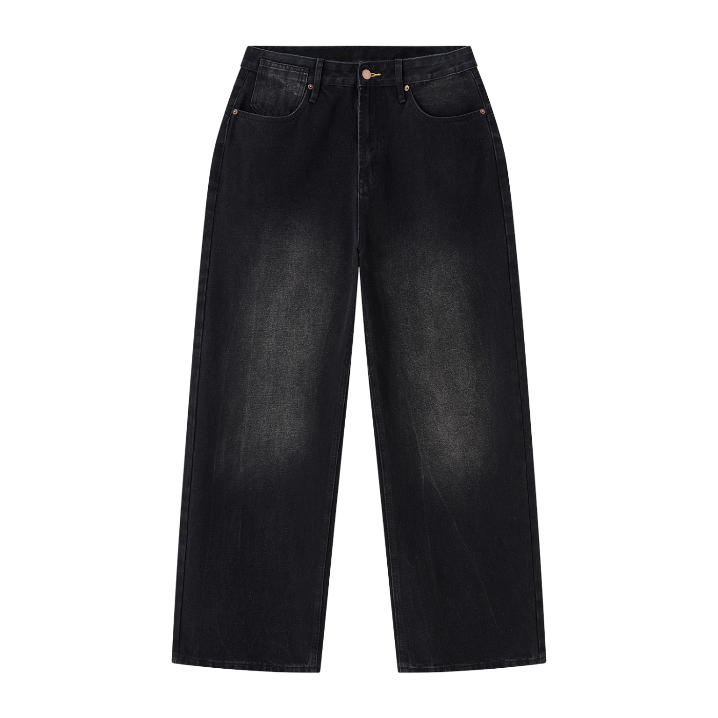 Faded black wide leg jeans by ODMPOD displayed on a hanger, showcasing relaxed fit and stylish denim fabric.