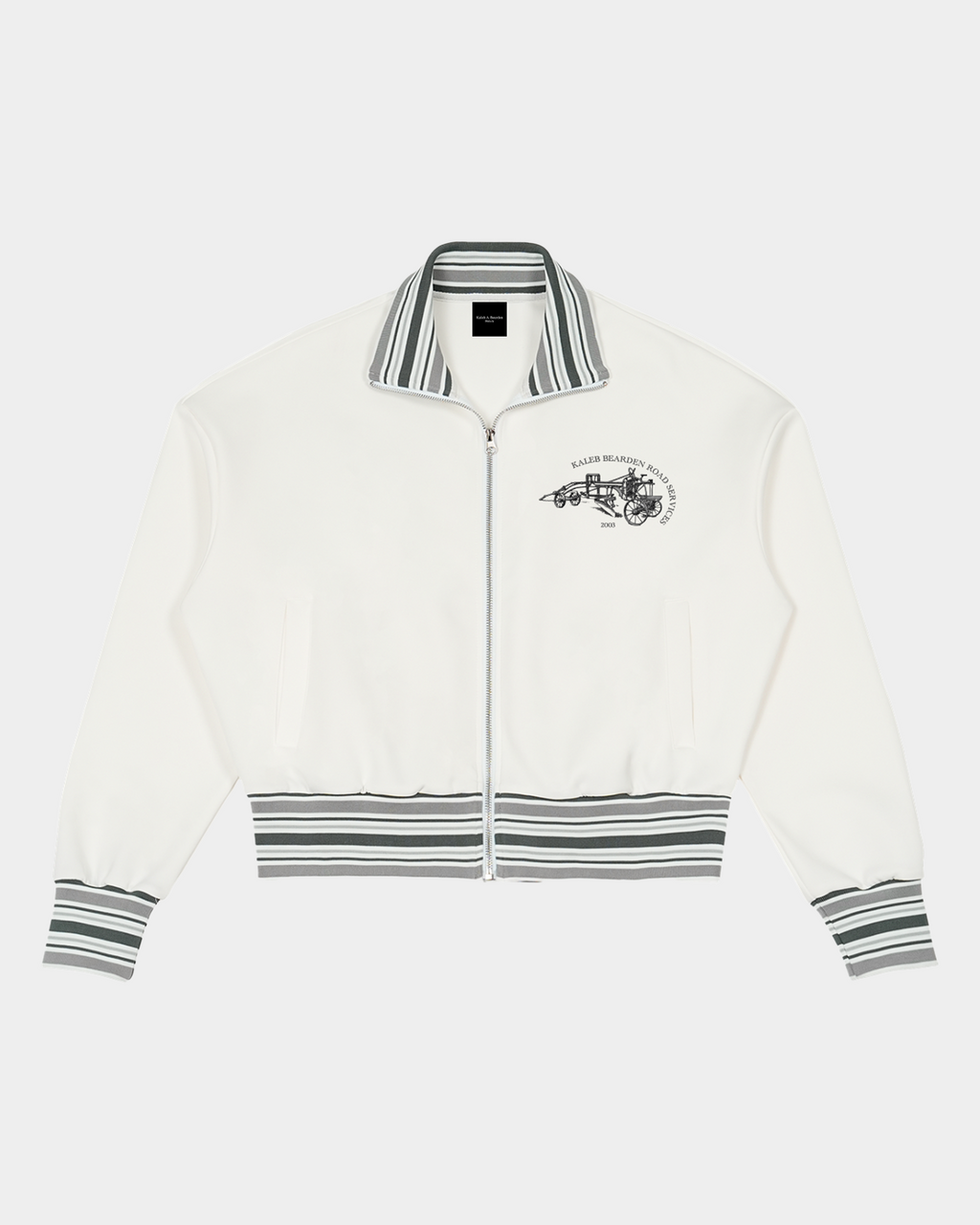 ODMPOD striped rib collar zip jacket displayed at an angle, featuring a stylish design with a ribbed collar and front zipper.