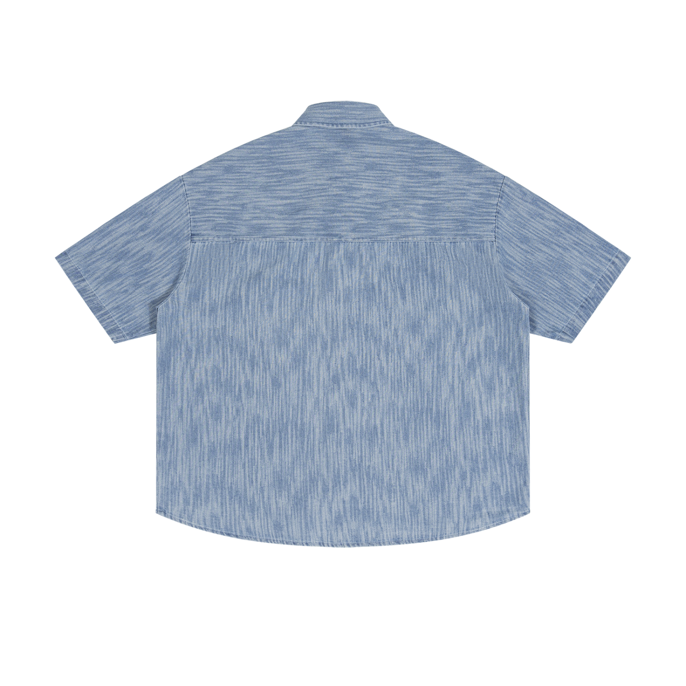 Washed blue Bearden shirt by ODMPOD, featuring a casual fit with a soft, distressed denim look, displayed on a hanger.