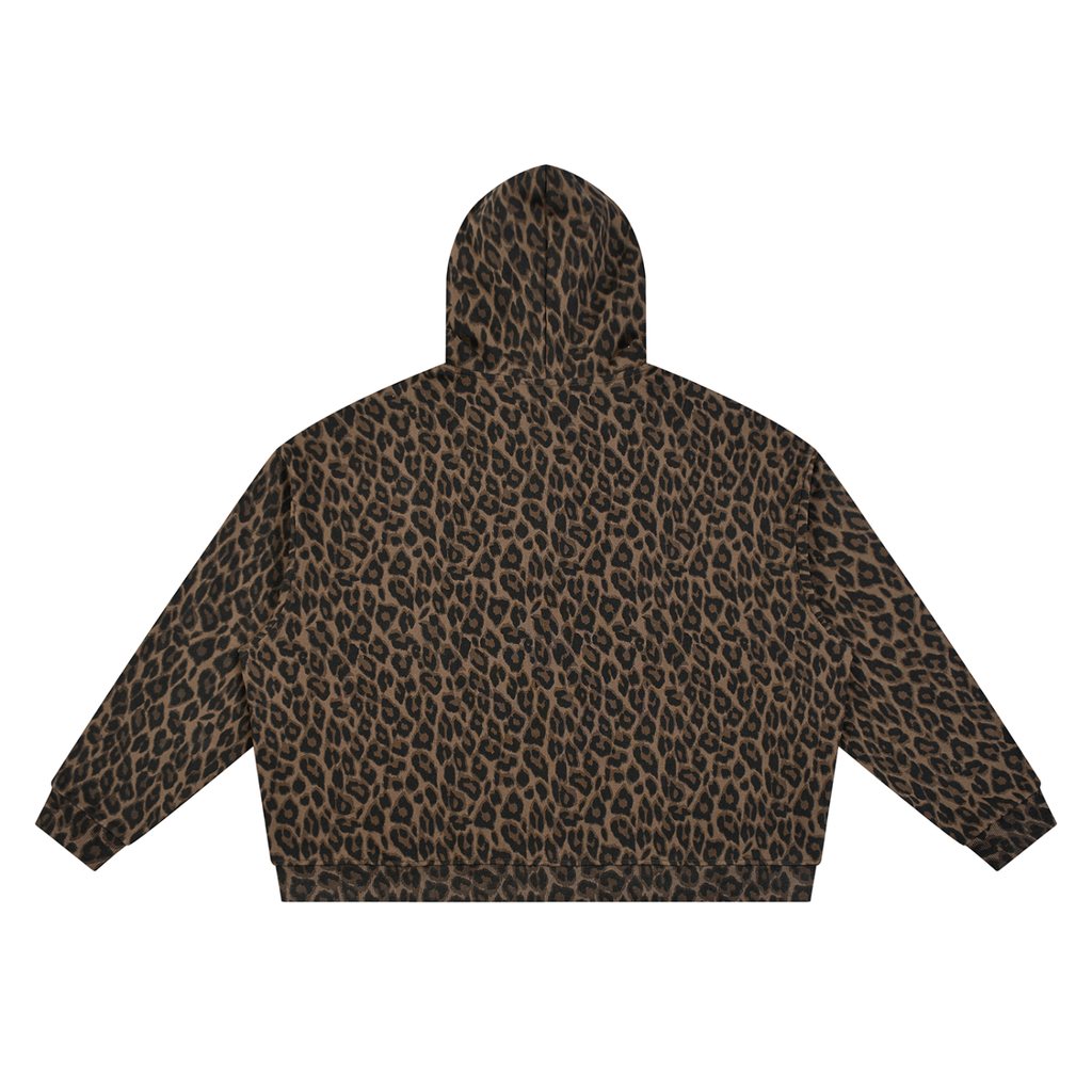 ODMPOD BB Leopard Stripe Zip Hoodie featuring a leopard and stripe pattern, with a front zipper and casual fit.