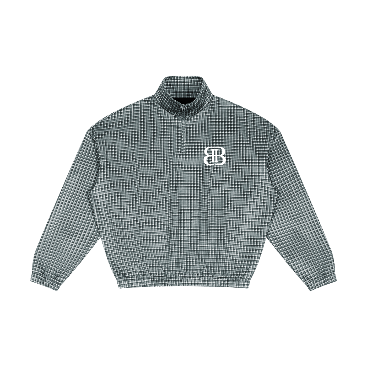 ODMPOD navy plaid fleece-lined blouson jacket with front pockets and adjustable cuffs, perfect for casual cold-weather wear.