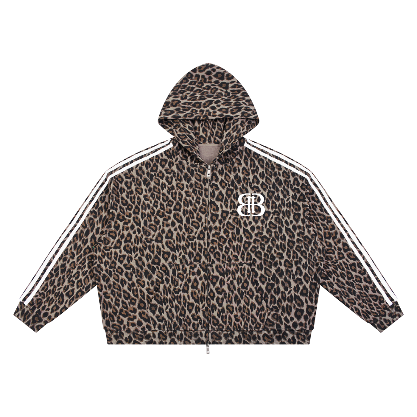 ODMPOD BB Leopard Stripe Zip Hoodie showing a stylish hoodie with leopard and stripe pattern, front view with zipper detail.