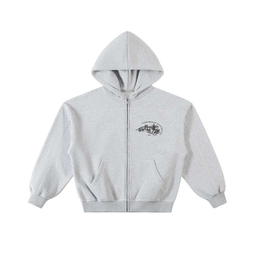 ODMPOD Road Services fleece zip hoodie shown, featuring a comfortable fleece material and front zip closure for casual wear