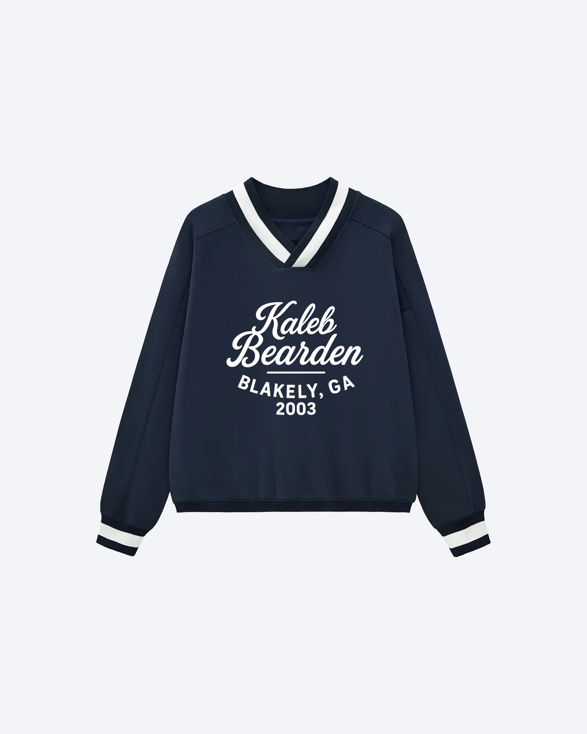 ODMPOD Blakely GA Varsity Sweatshirt with striped sleeves and embroidered logo on front, casual athletic style.