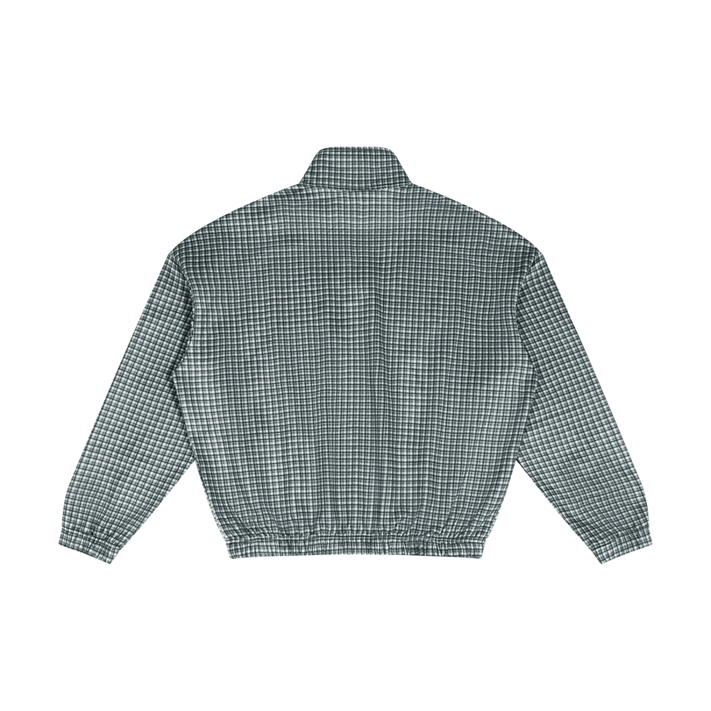 ODMPOD navy plaid fleece-lined blouson jacket with front zipper, collar, and long sleeves, ideal for casual winter wear
