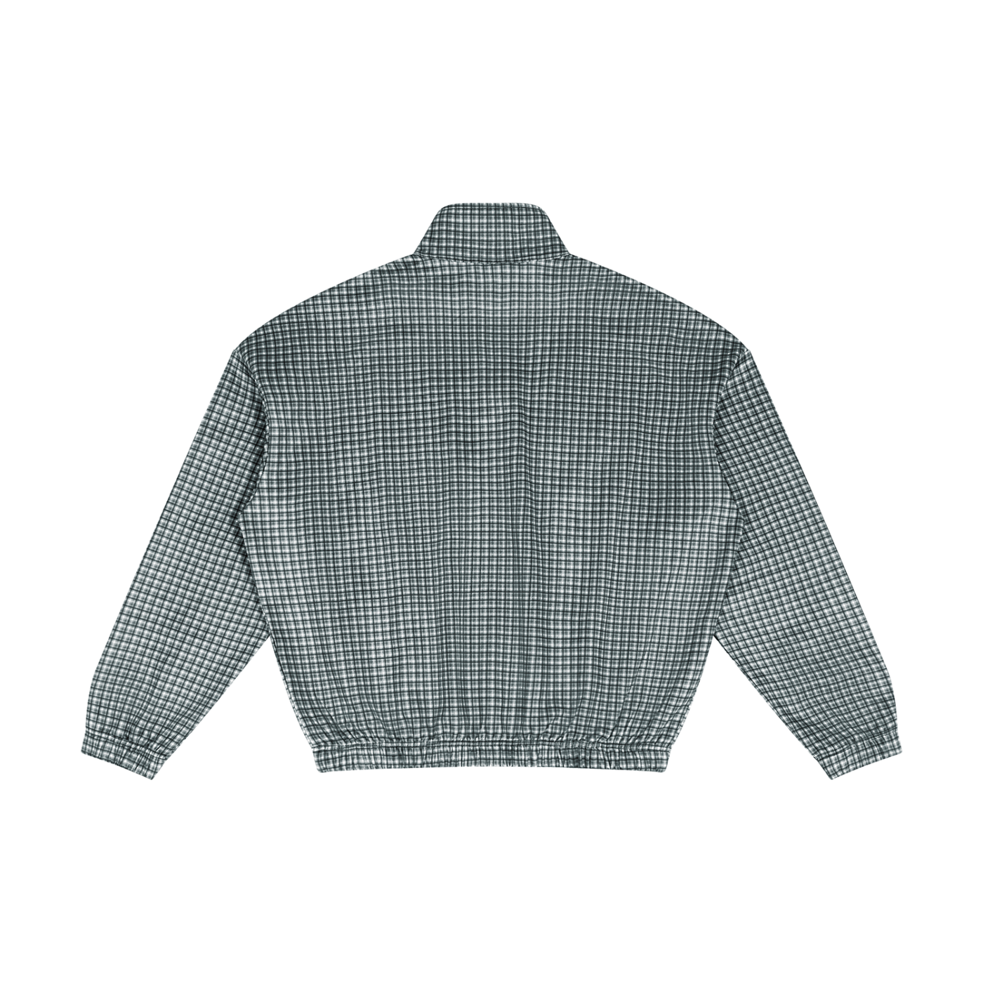 ODMPOD navy plaid fleece-lined blouson jacket with front zipper, collar, and long sleeves, ideal for casual winter wear