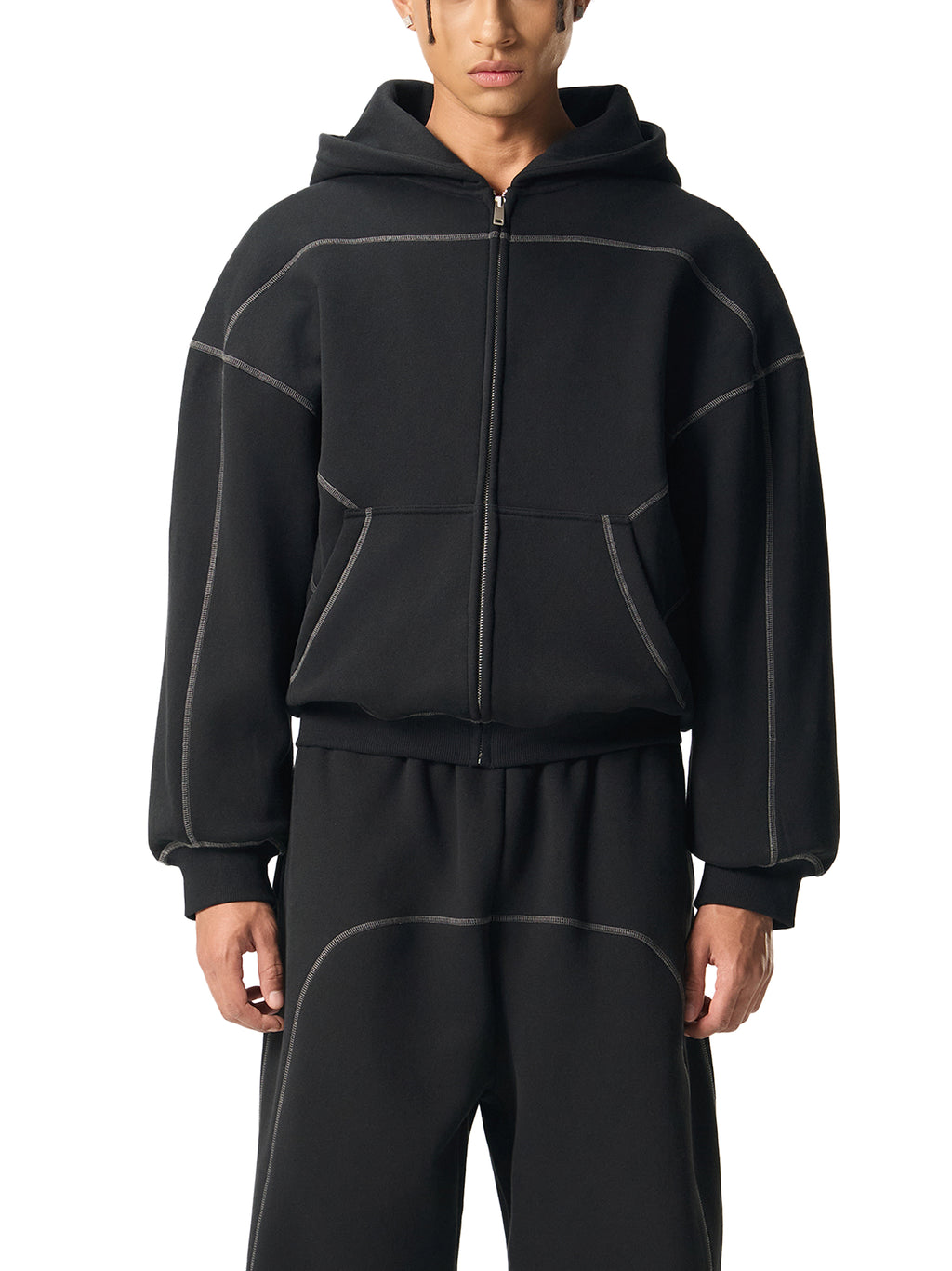 Contrast Stitch Fleece Zip Hoodie