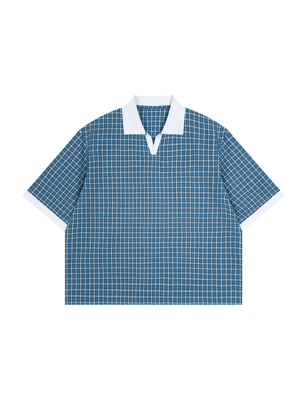 ODMPOD grid check drop shoulder polo shirt with a classic collar and relaxed fit, displayed on a mannequin.