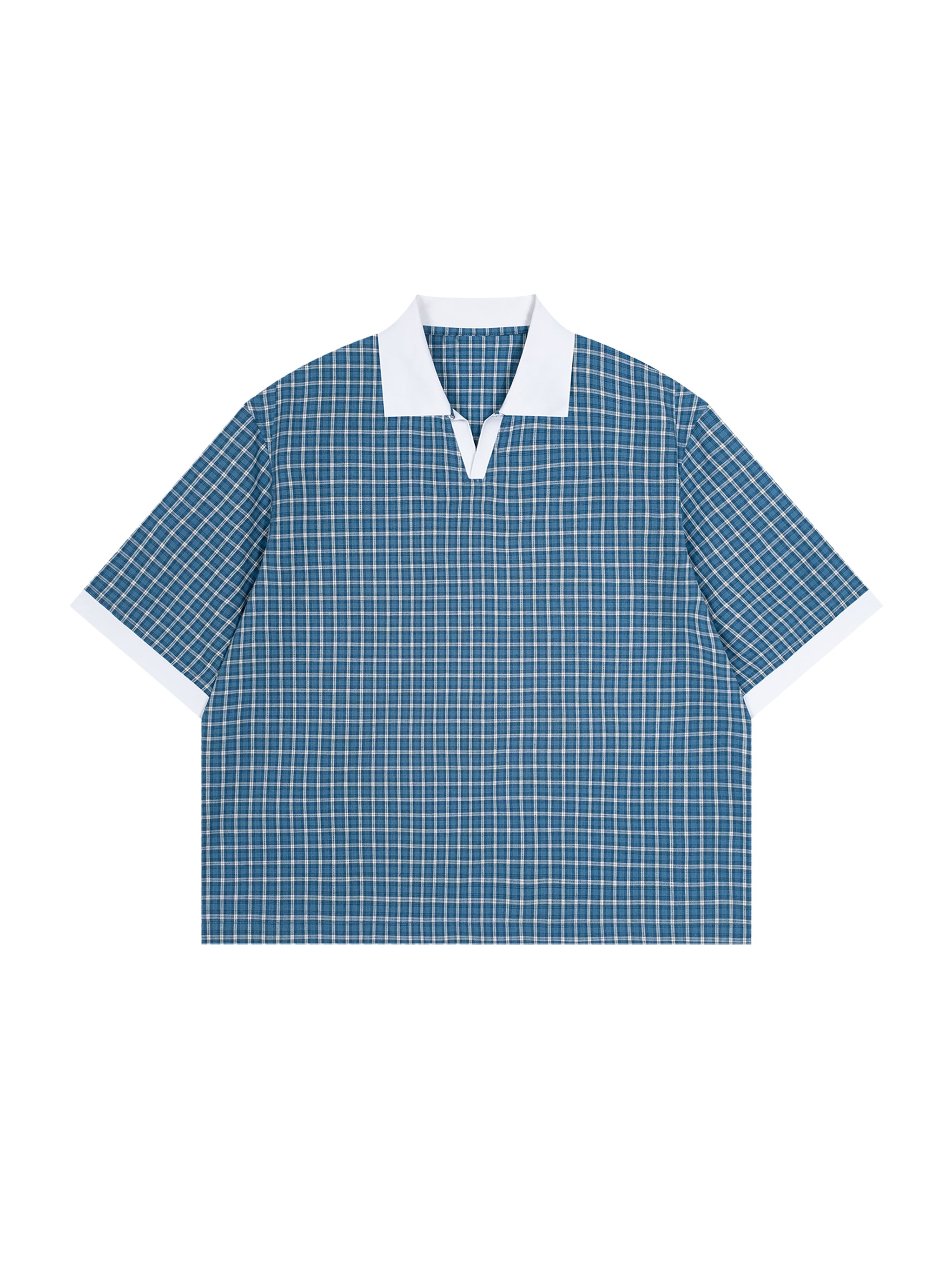 ODMPOD grid check drop shoulder polo shirt with a classic collar and relaxed fit, displayed on a mannequin.