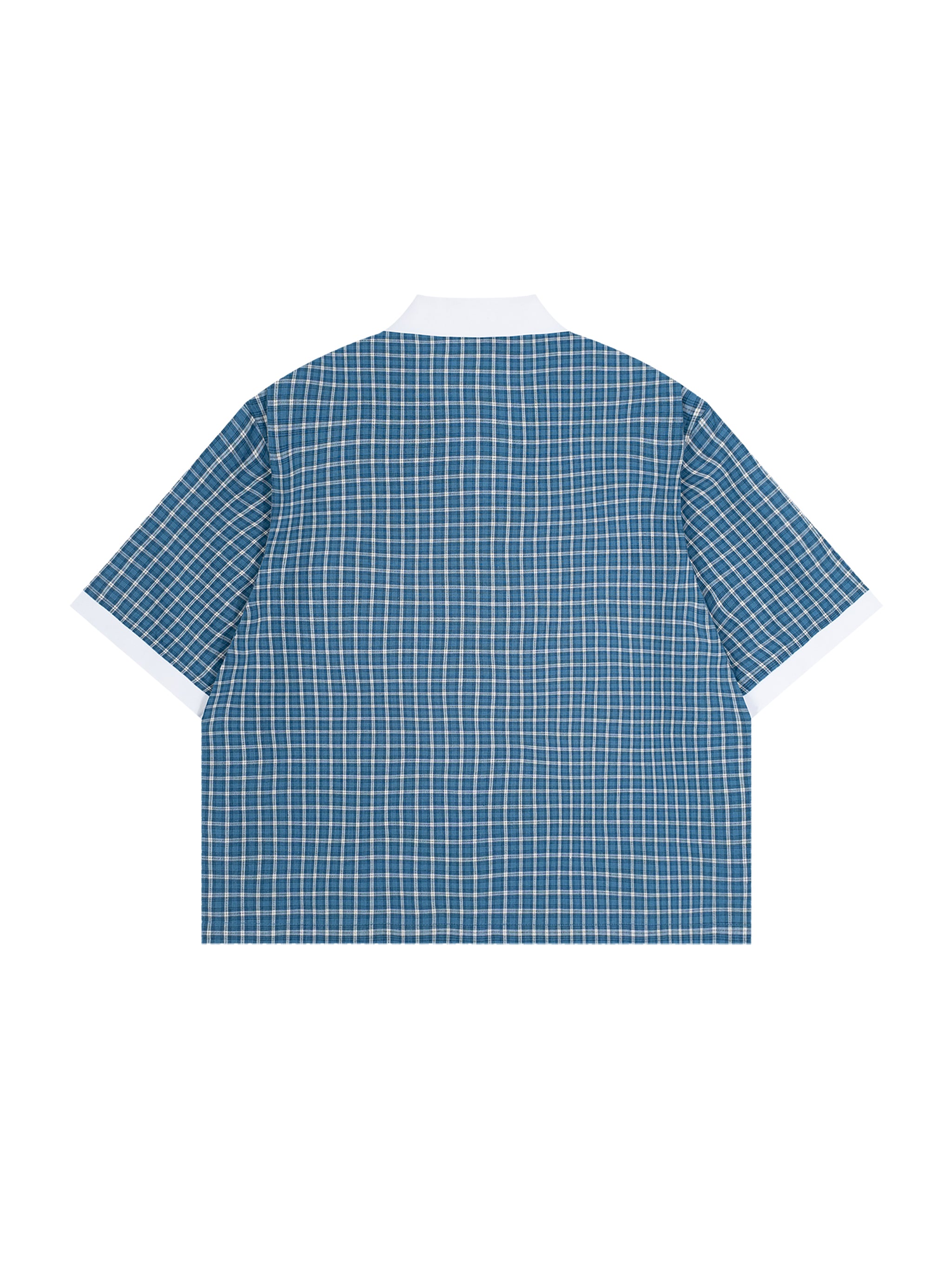 ODMPOD grid check drop shoulder polo shirt displayed on a hanger, featuring a classic check pattern and relaxed fit.