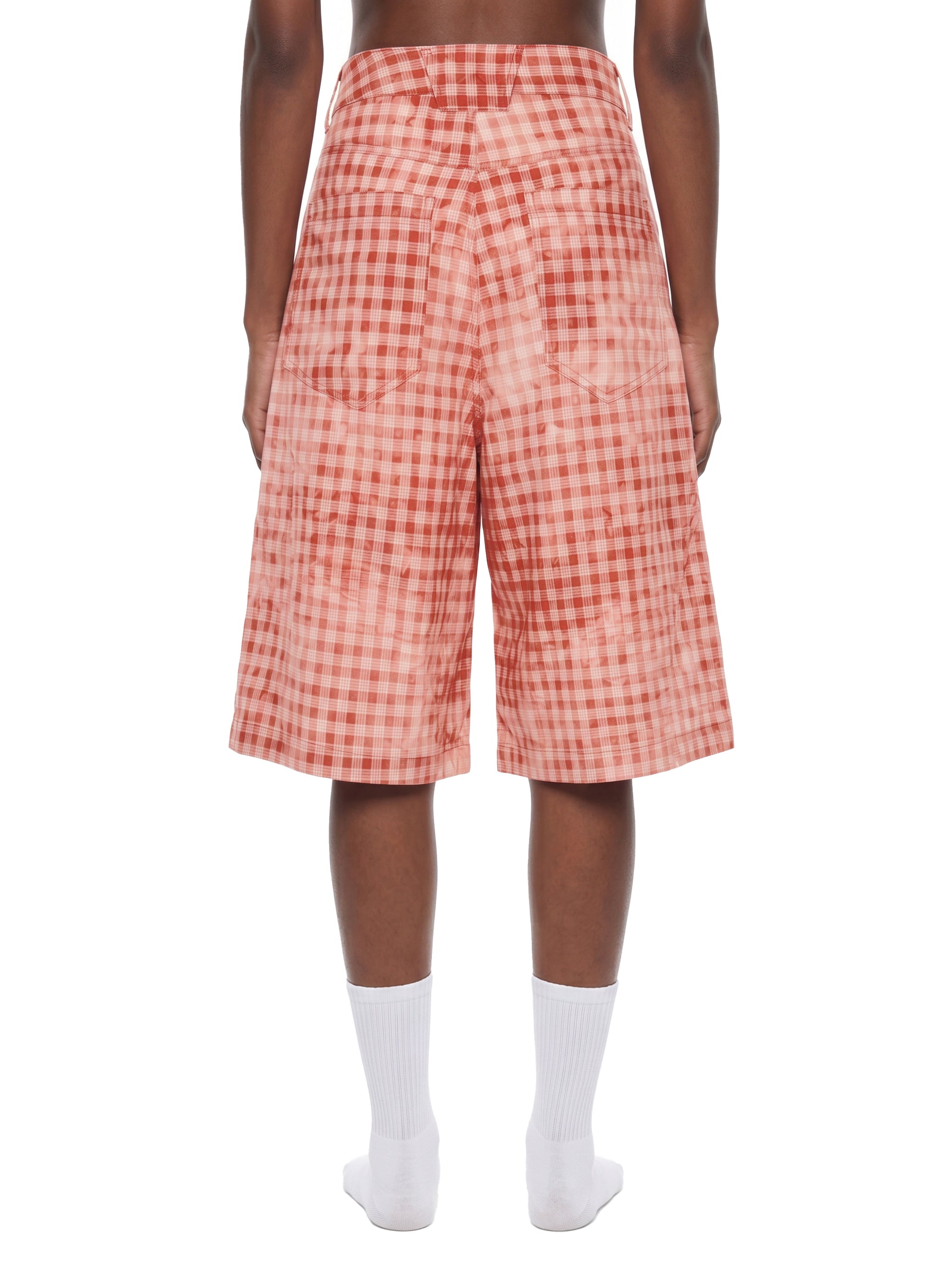 ODMPOD terracotta plaid shorts showing a stylish, lightweight short with a plaid pattern and relaxed fit.