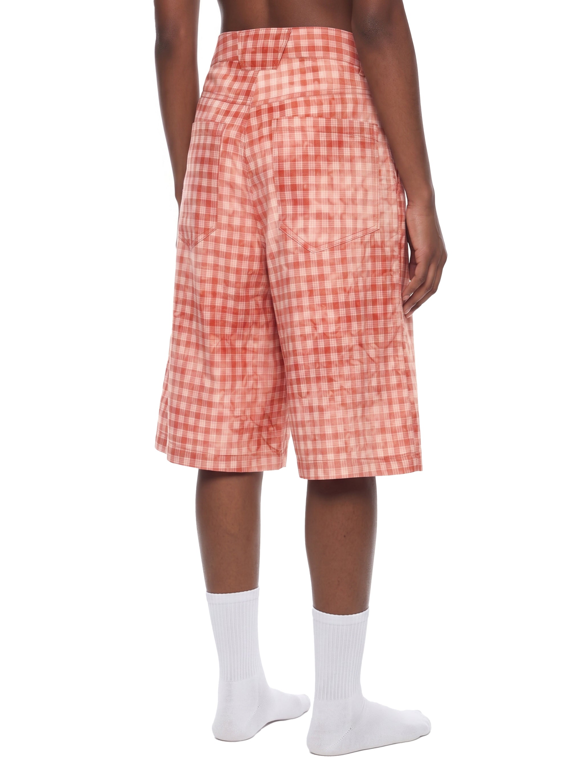 ODMPOD terracotta plaid short featuring a casual fit and plaid pattern, displayed on a neutral background.