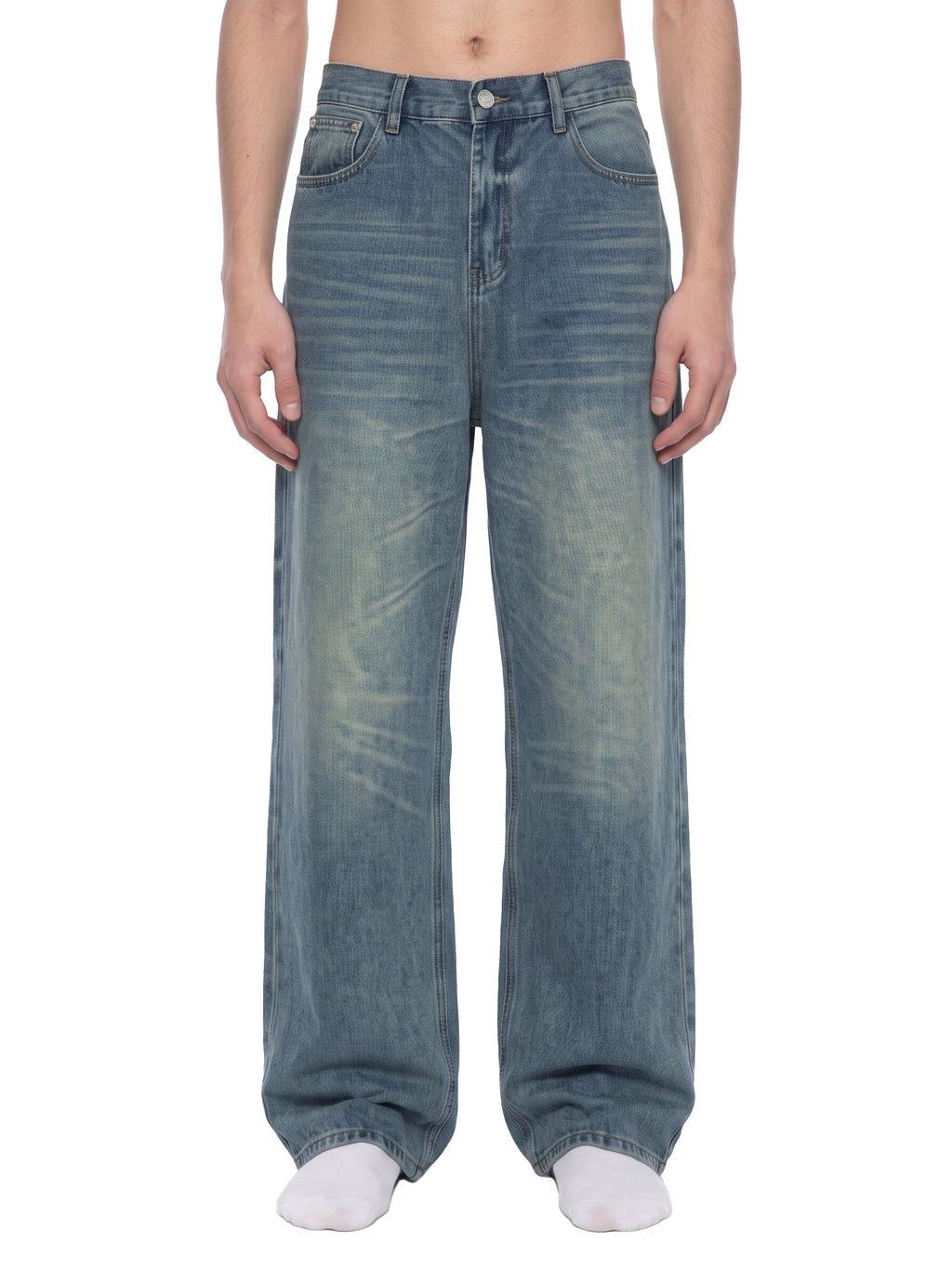 ODMPOD Sunfade Wide Leg Jean showing light wash denim, high-waisted fit, and wide-leg style with front pockets.