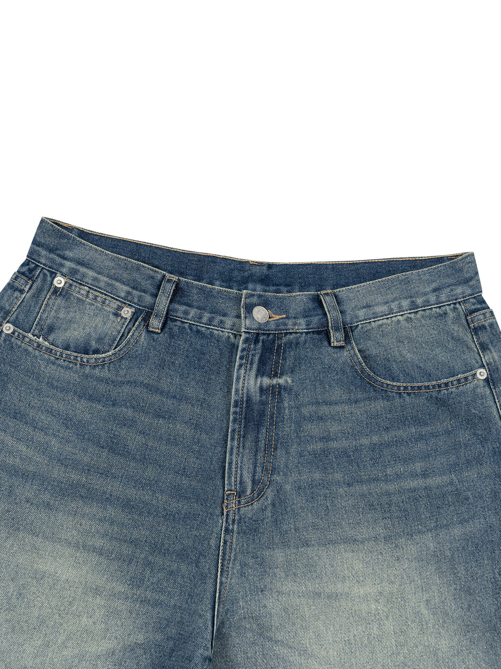 ODMPOD Sunfade Wide Leg Jean showcasing light wash denim and relaxed fit with wide legs, front pockets, and belt loops.