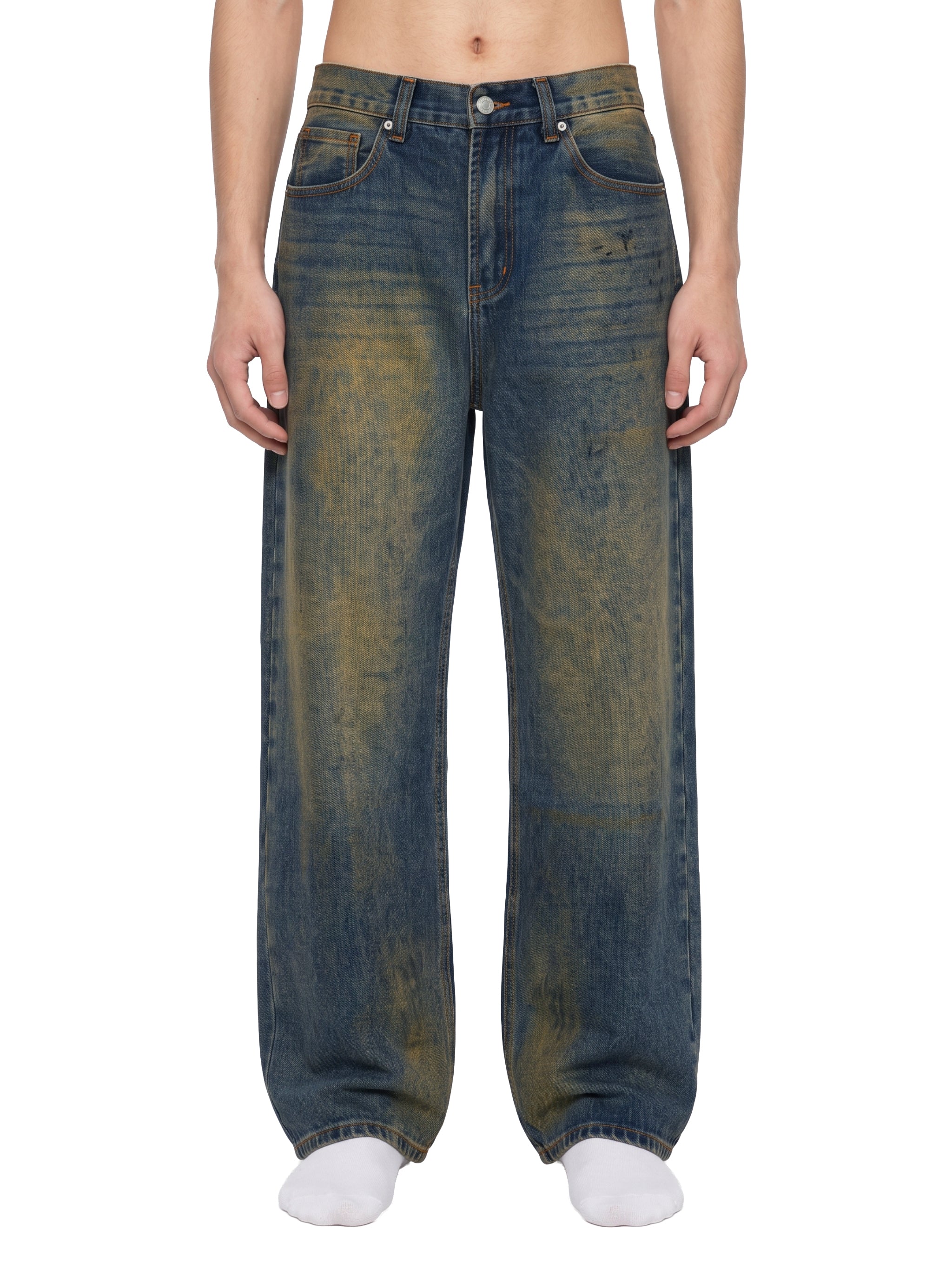 ODMPOD Mud Wash Wide Airfield Jeans showing relaxed fit and classic denim texture with mud wash finish.