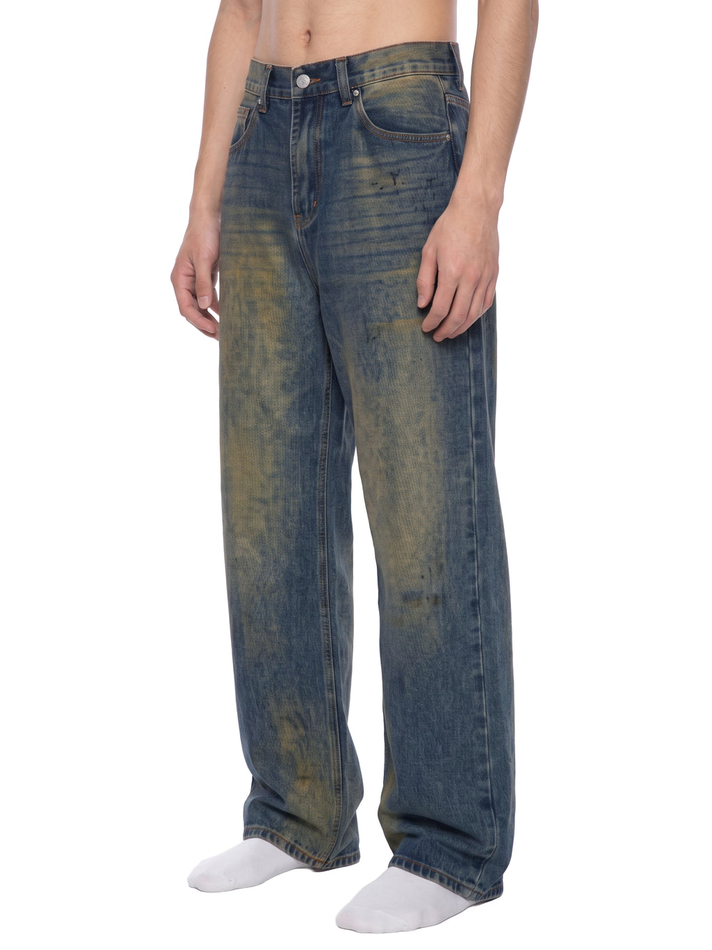 ODMPOD Mud Wash Wide Airfield Jeans showing distressed denim with a relaxed fit and wide-leg style.