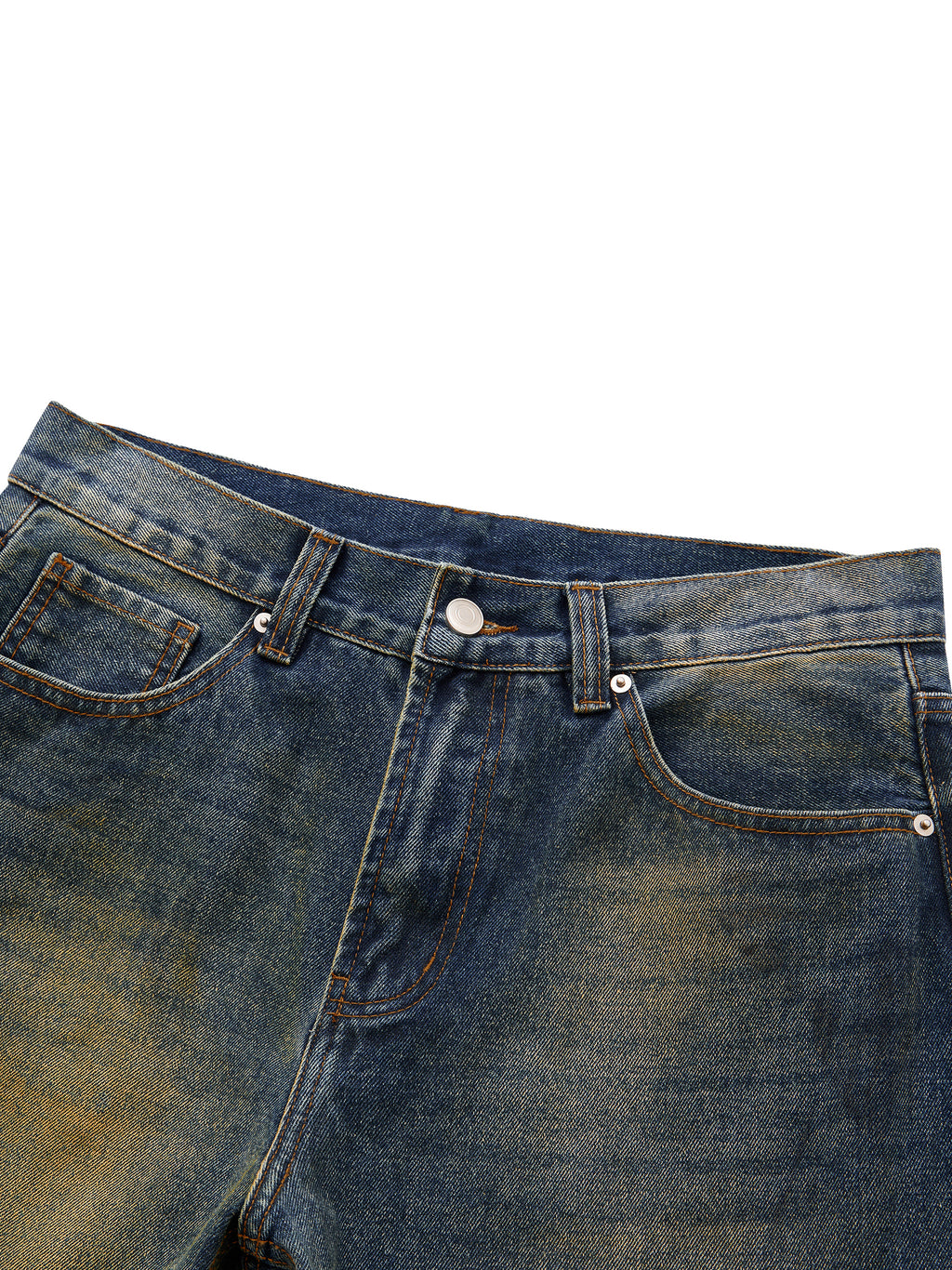 ODMPOD Mud Wash Wide Airfield Jeans showing distressed denim with a relaxed fit and wide leg design.