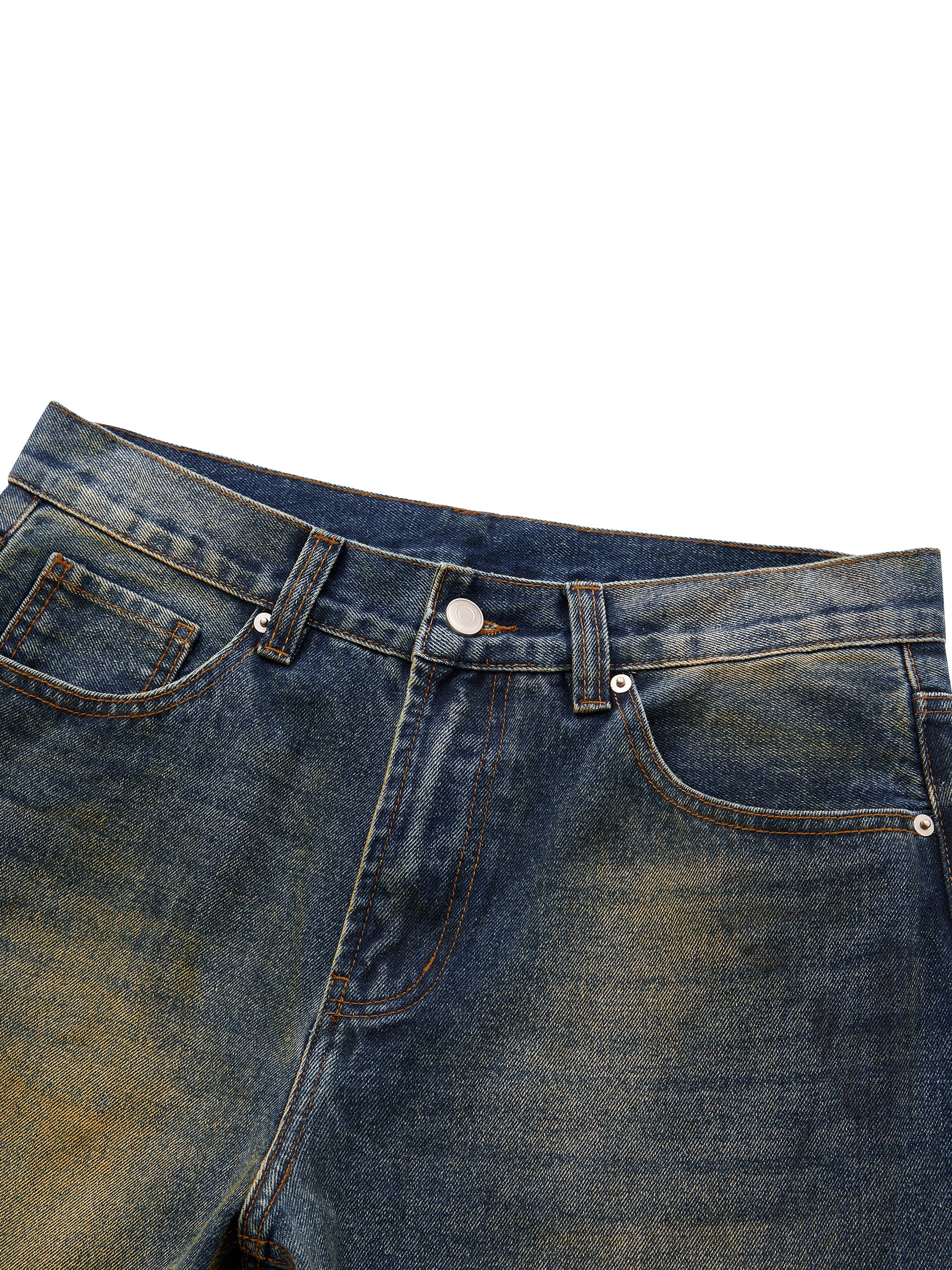 ODMPOD Mud Wash Wide Airfield Jeans showing distressed denim with a relaxed fit and wide leg design.