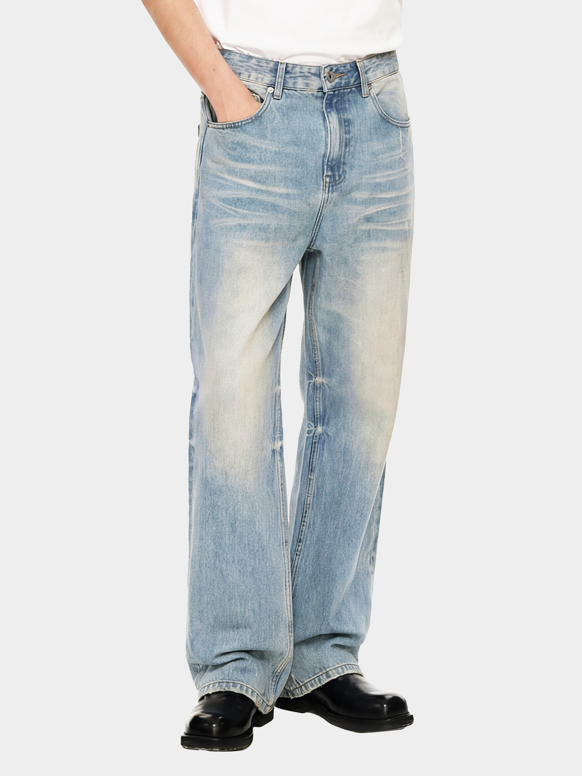 Sun Fade Raw Hem Denim Jeans